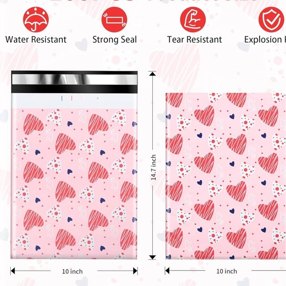 Other - New Valentines 10x13” Pollymailers Pink and Red Heart Patterned 10ct